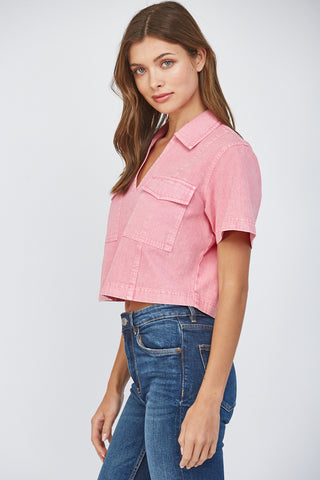 Pink Denim Short Sleeve V-Neck Top