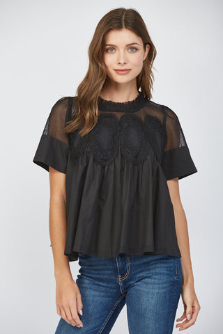 Black Mesh Appliqué Top