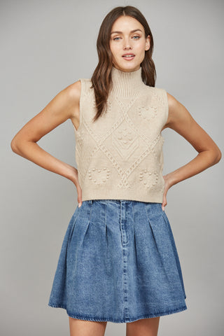 Taupe Cable Knit High Neck Sweater