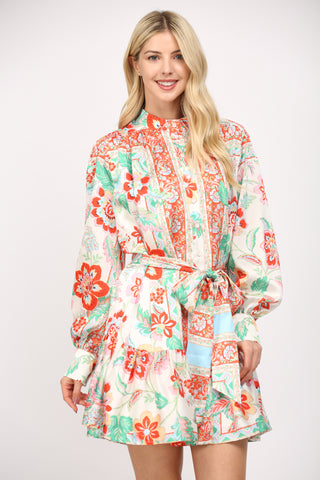 Cream Multi Color Print Scarf Dress