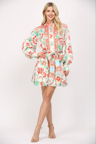 Cream Multi Color Print Scarf Dress