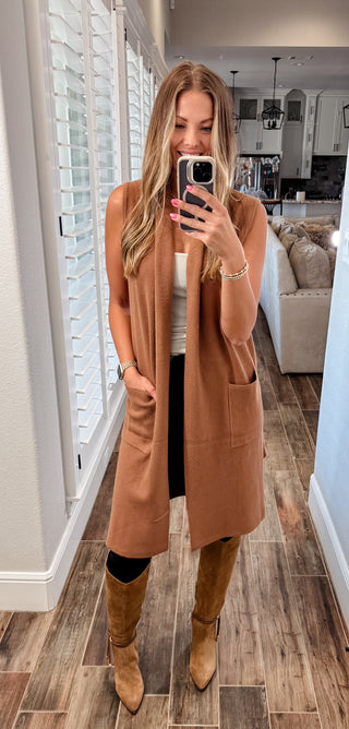 Camel Sleeveless Long Sweater Vest
