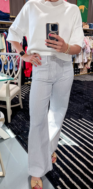 White and Navy Patch Pocket Wide Leg Pants