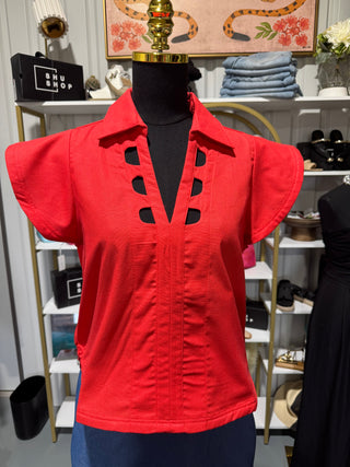 Red Short Sleeve Cutout Blouse