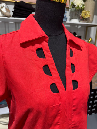 Red Short Sleeve Cutout Blouse