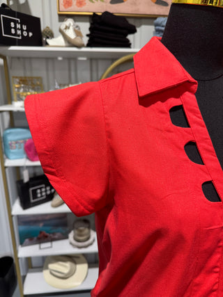 Red Short Sleeve Cutout Blouse