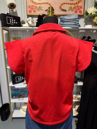 Red Short Sleeve Cutout Blouse