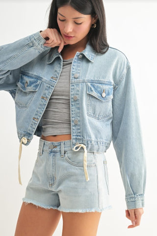 Tie Waist Denim Crop Jacket