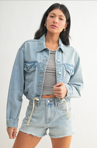 Tie Waist Denim Crop Jacket