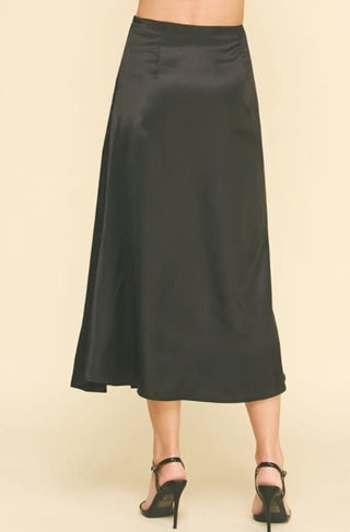 Black Silky Blocked Detailed Midi Skirt