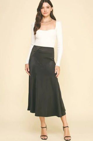 Black Silky Blocked Detailed Midi Skirt
