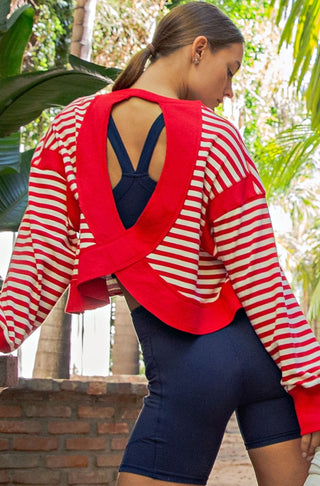 Stripe Open Back Long Sleeve Top