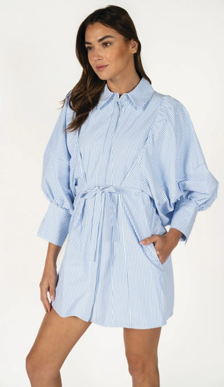 Blue Stripe Puff Sleeve Dress