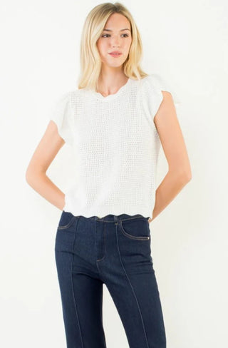 White Scallop Detail Knit Top