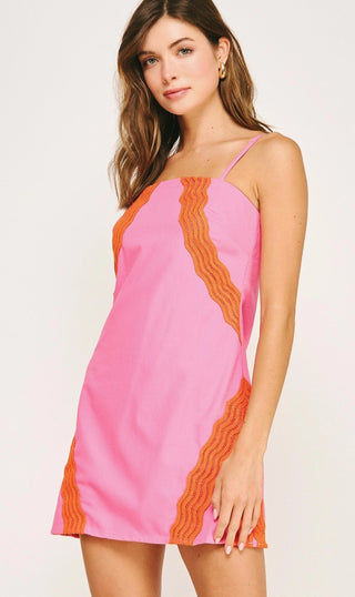 Scallop Lace Trim Linen Mini Dress