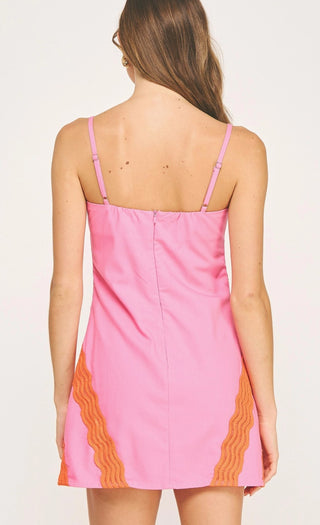 Scallop Lace Trim Linen Mini Dress