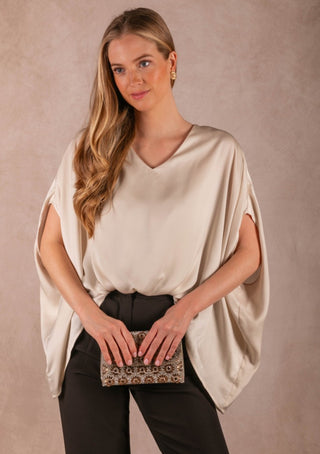 Satin Solid V-Neck Front Waist Elastic Flowy Top