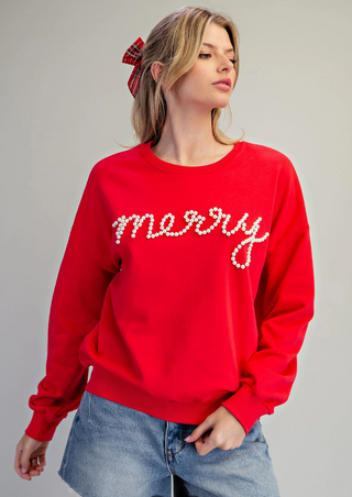 Pearl Embellished Merry Sweatshirt