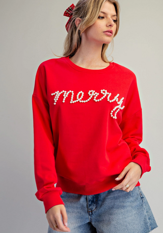 Pearl Embellished Merry Sweatshirt