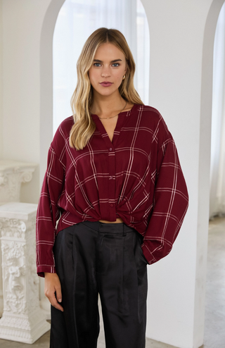 Twist Front Lurex Plaid Shirt