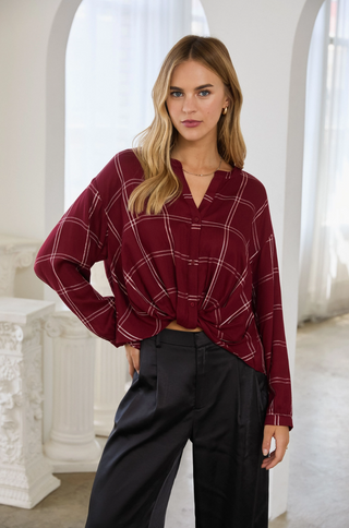Twist Front Lurex Plaid Shirt