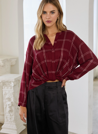 Twist Front Lurex Plaid Shirt