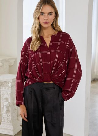 Twist Front Lurex Plaid Shirt