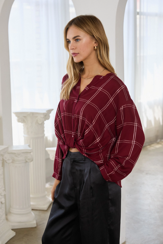 Twist Front Lurex Plaid Shirt