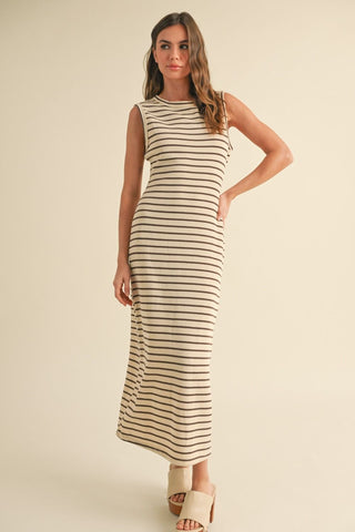Beige/Gray Button Back Midi Dress