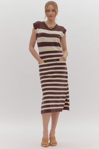 Brown and White Stripe Midi Sweater Dress