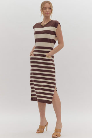 Brown and White Stripe Midi Sweater Dress