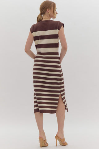 Brown and White Stripe Midi Sweater Dress
