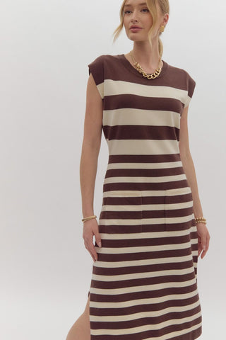 Brown and White Stripe Midi Sweater Dress