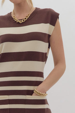 Brown and White Stripe Midi Sweater Dress