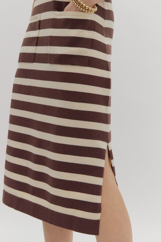 Brown and White Stripe Midi Sweater Dress