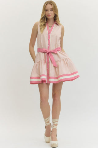 Dusty Pink Stripe Tie Waist Dress