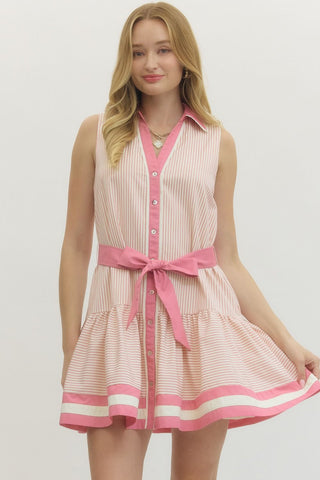 Dusty Pink Stripe Tie Waist Dress