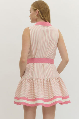 Dusty Pink Stripe Tie Waist Dress