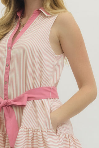 Dusty Pink Stripe Tie Waist Dress