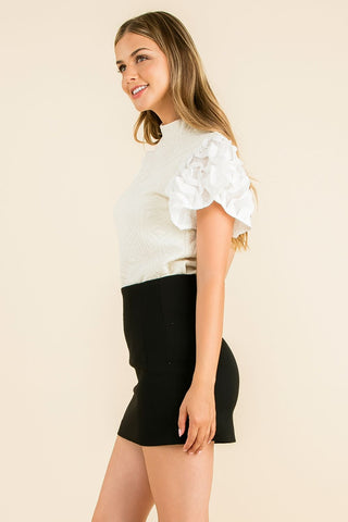 Mock Neck Knit Top Embelished Sleeve