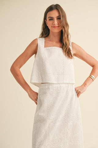 White Eyelet Square Neck Sleeveless Top