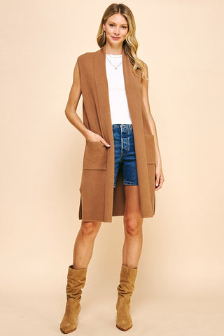 Camel Sleeveless Long Sweater Vest