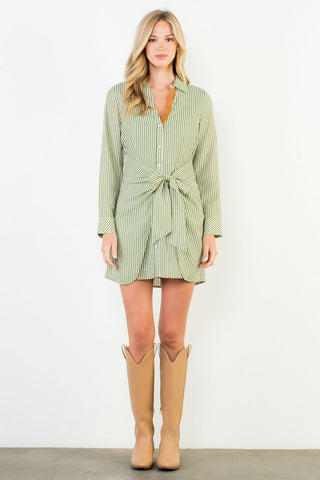 Green and White Tie Waist Dress