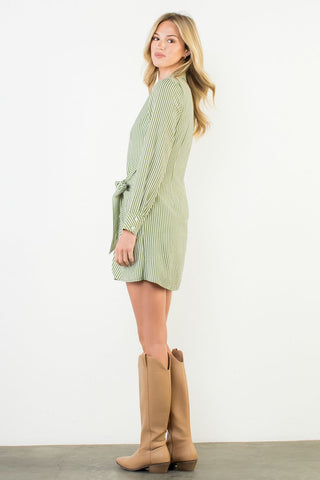 Green and White Tie Waist Dress