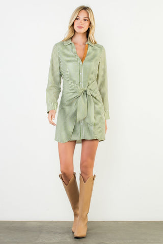 Green and White Tie Waist Dress