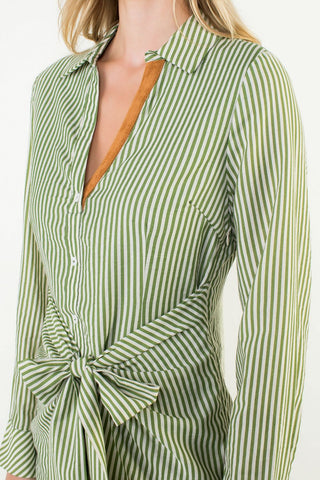 Green and White Tie Waist Dress