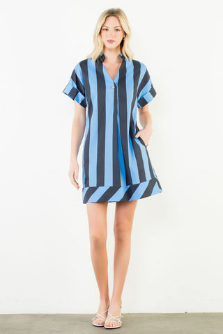 Short Sleeve Stripe V-Neck Dress